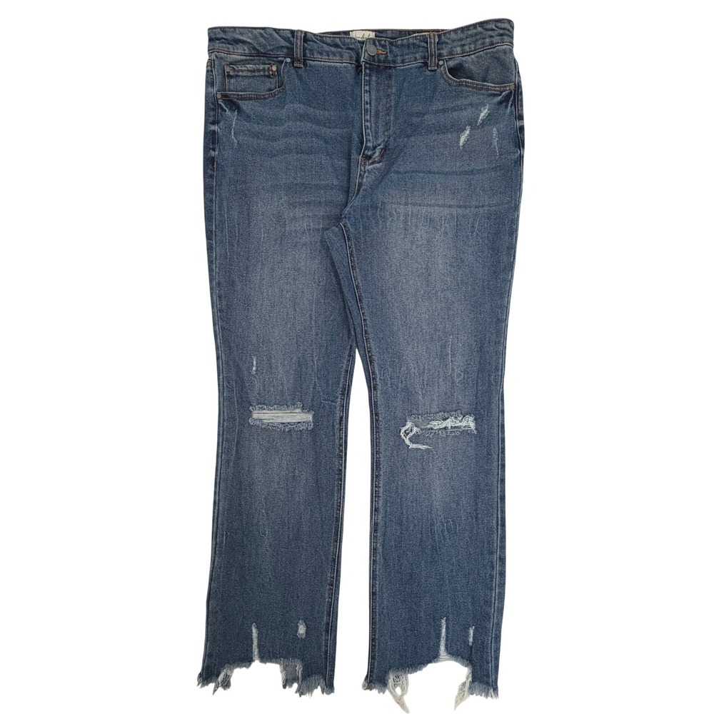 Wonderly Womens 16W Mid-Rise Slim Flare Distressed Raw Hem Jeans Blue Denim NEW